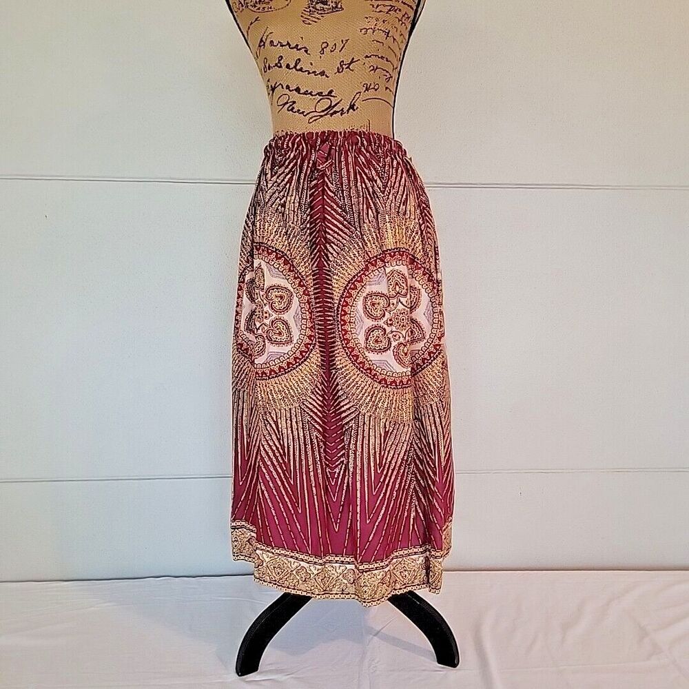 NOS Vintage 70s Boho Gypsy Peasant Skirt, Maroon Blue Gold Print, Nina Leslie OS